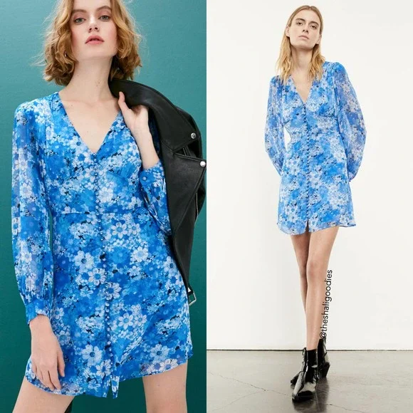 THE KOOPLES Dress Blue Short Printed Dress with Buttons Garden Party Floral